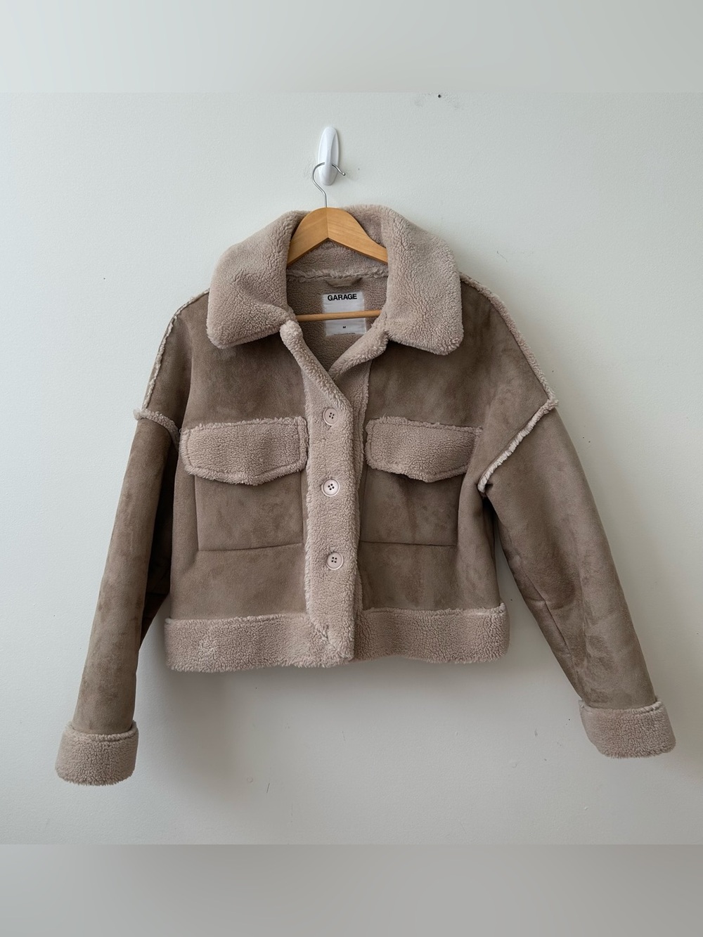 Garage Women’s Beige Faux Leather Lined Button Jacket Short Long Sleeve Size M